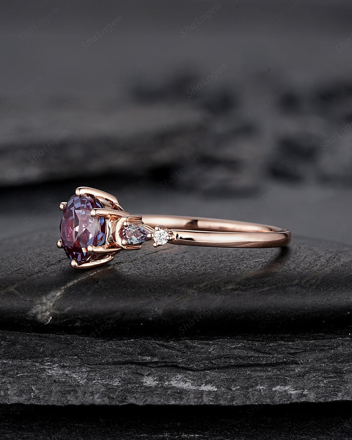 Nature Inspired Round Shape Alexandrite Engagement Ring, Unique Crescent Rose Gold Promise Ring Vintage Moon and Star Wedding Ring for Women - ShainJewelry