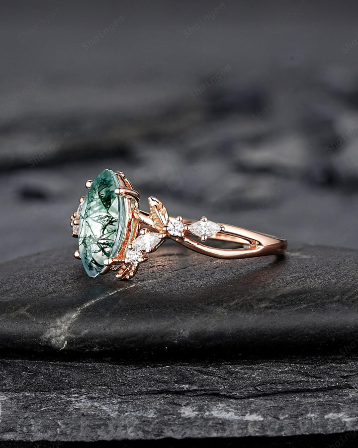 Unique Marquise Cut Moss Agate Engagement Ring, Nature Inspired Leaf Diamond Wedding Ring Vintage Rose Gold Twig Promise Ring Gift for Women