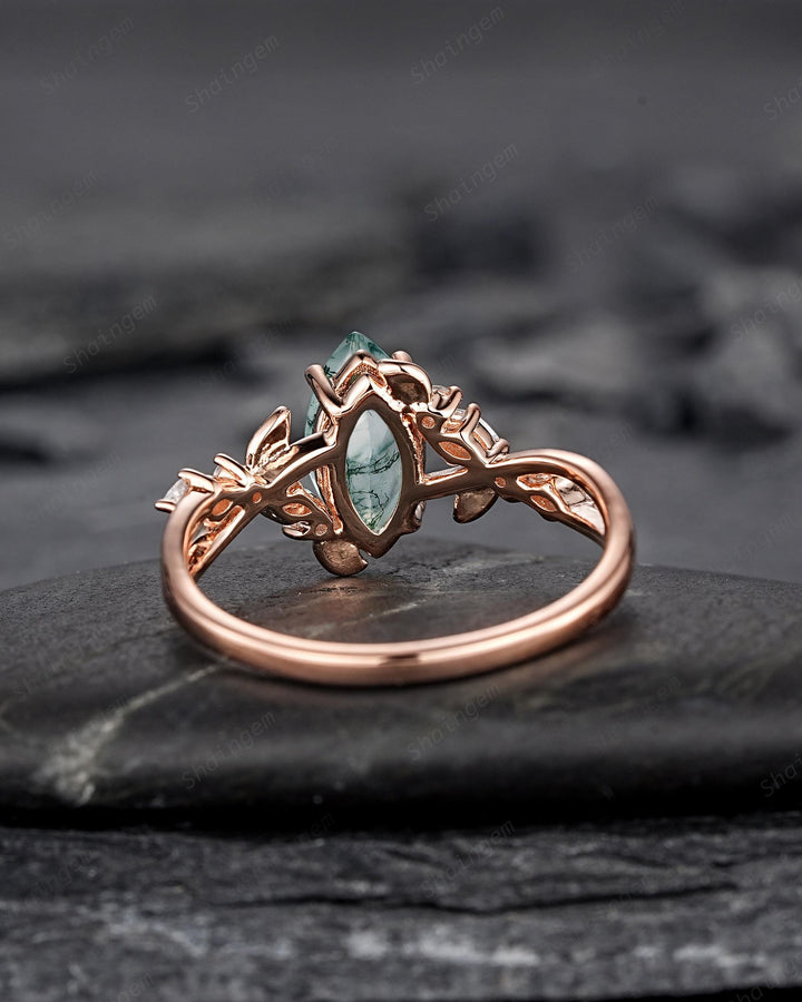 Unique Marquise Cut Moss Agate Engagement Ring, Nature Inspired Leaf Diamond Wedding Ring Vintage Rose Gold Twig Promise Ring Gift for Women