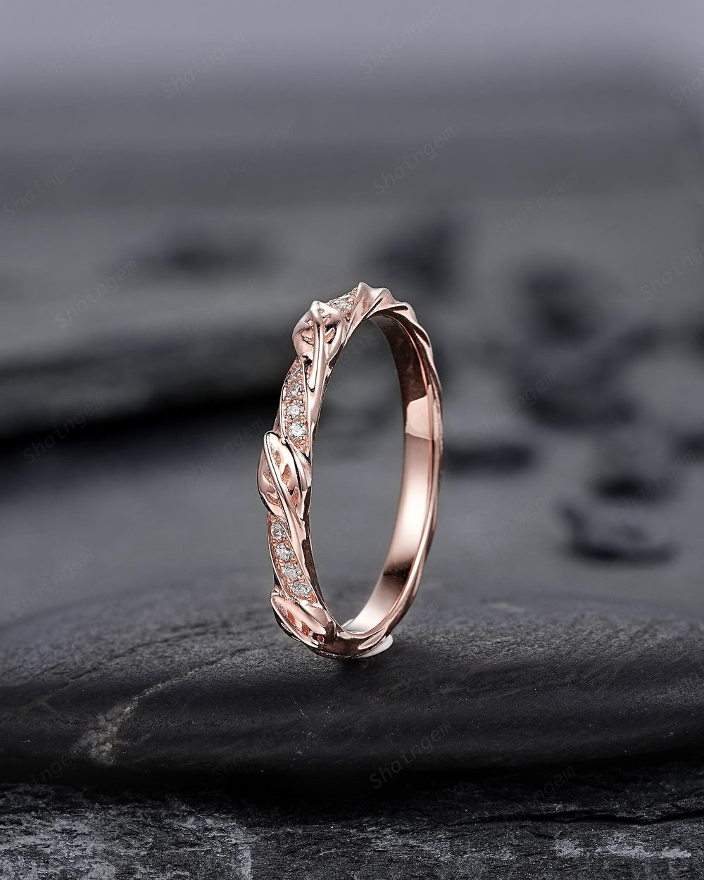 Platinum Diamond Twist Leaf Wedding Band, Unique Half Eternity Moissanite Engagement Promise Ring Rose Gold Straight Matching Band for Woman - ShainJewelry