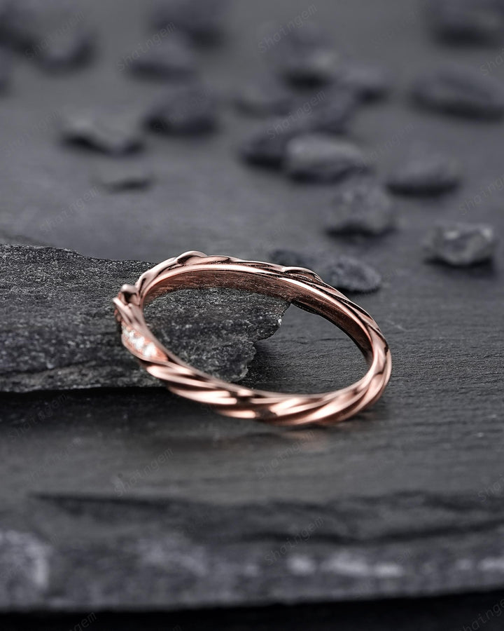 Platinum Diamond Twist Leaf Wedding Band, Unique Half Eternity Moissanite Engagement Promise Ring Rose Gold Straight Matching Band for Woman - ShainJewelry