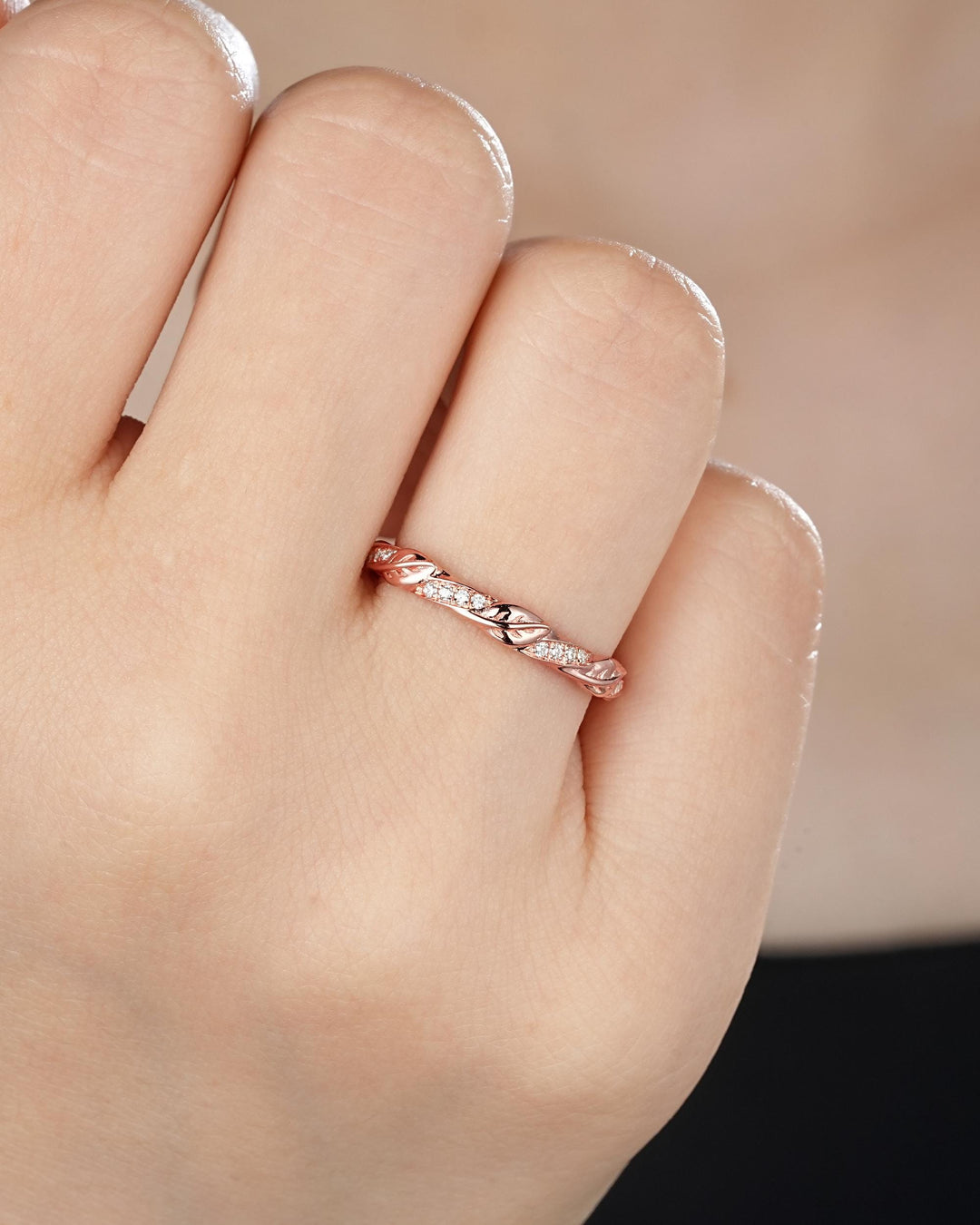 Platinum Diamond Twist Leaf Wedding Band, Unique Half Eternity Moissanite Engagement Promise Ring Rose Gold Straight Matching Band for Woman - ShainJewelry