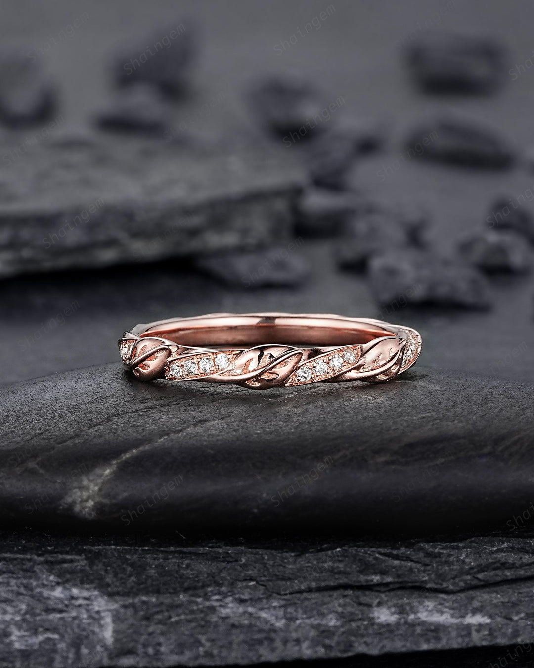 Platinum Diamond Twist Leaf Wedding Band, Unique Half Eternity Moissanite Engagement Promise Ring Rose Gold Straight Matching Band for Woman - ShainJewelry
