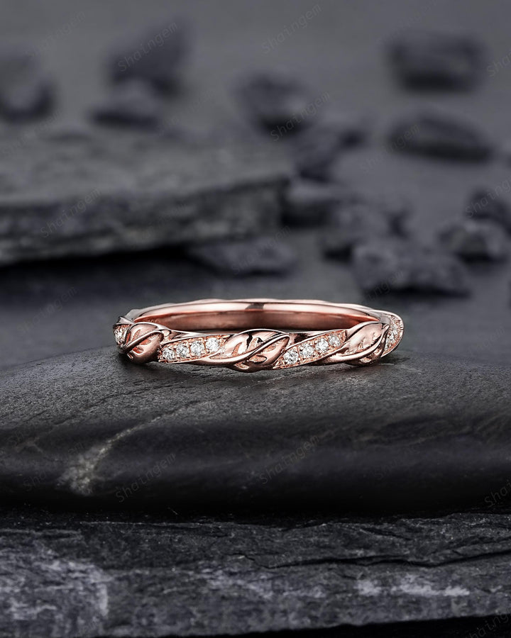 Platinum Diamond Twist Leaf Wedding Band, Unique Half Eternity Moissanite Engagement Promise Ring Rose Gold Straight Matching Band for Woman - ShainJewelry