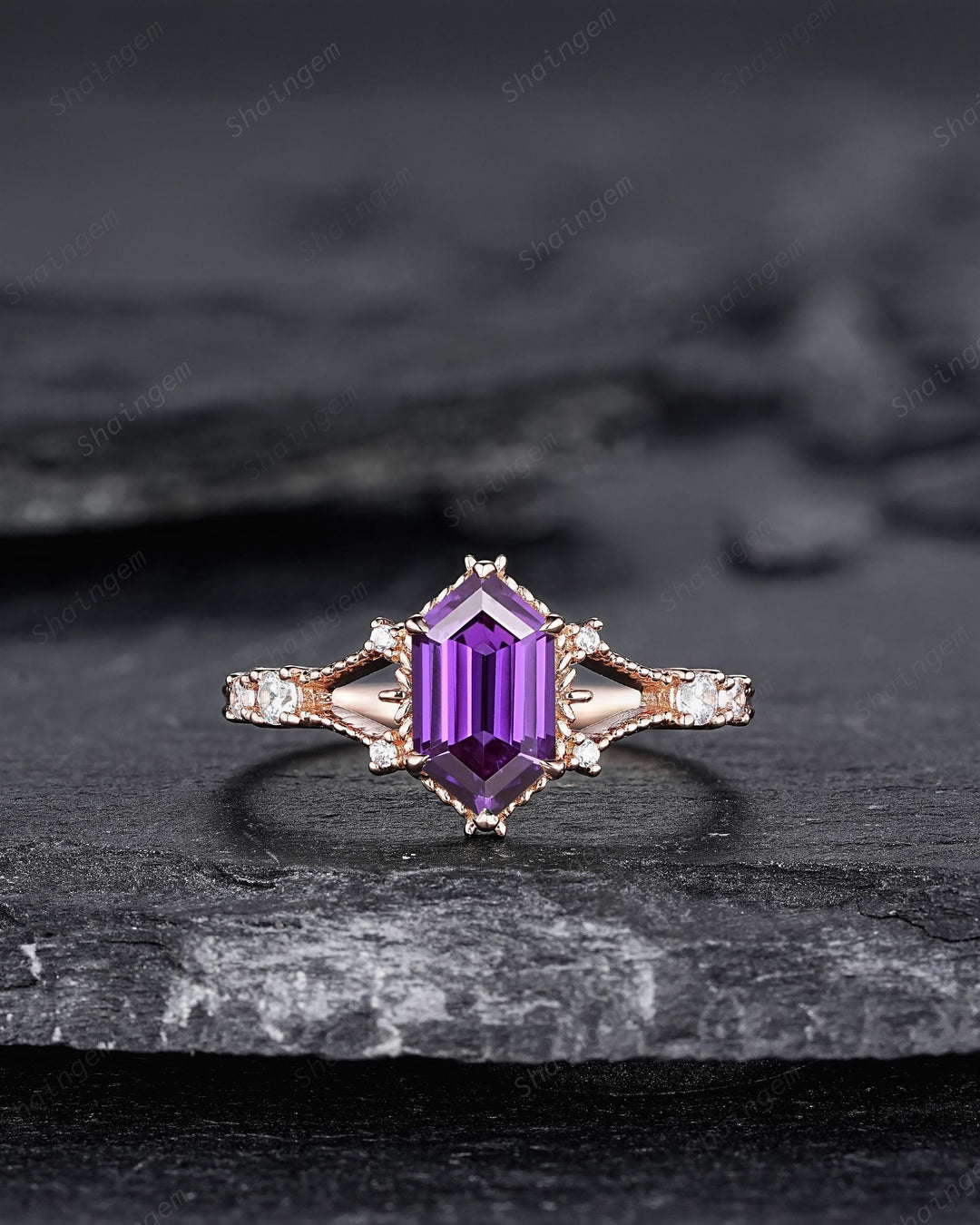 Long Hexagon Purple Sapphire Diamond Engagement Ring, Unique Split Shank Milgrain Wedding Ring, Rose Gold Moissanite Promise Ring for Women - ShainJewelry