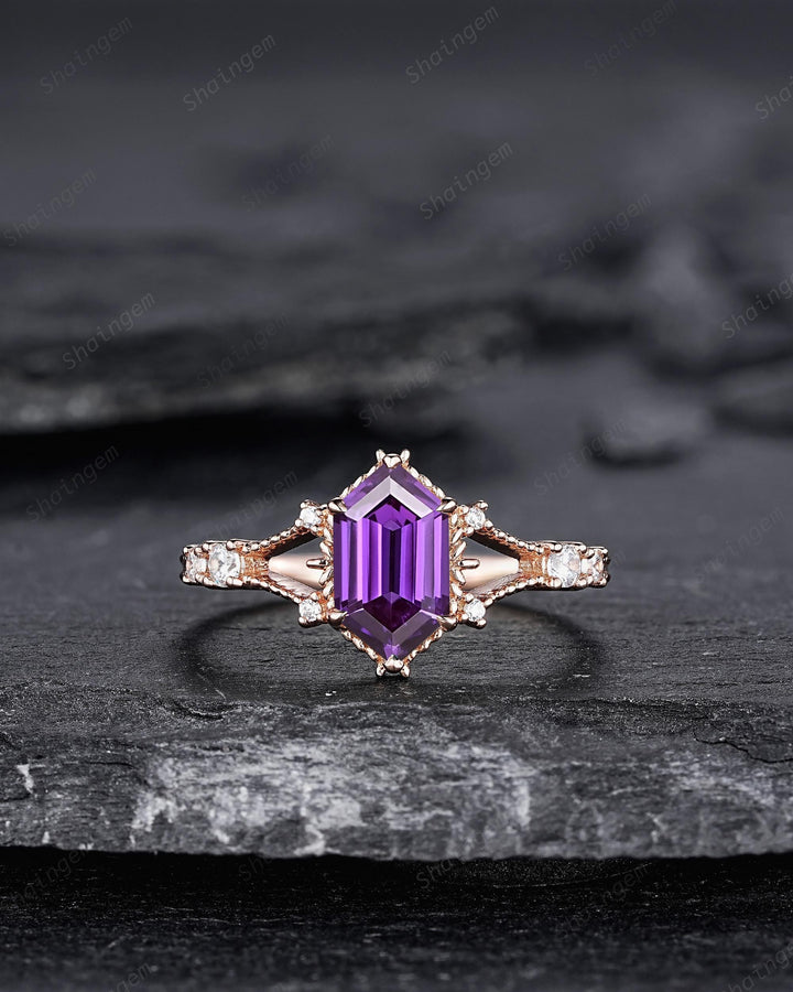 Long Hexagon Purple Sapphire Diamond Engagement Ring, Unique Split Shank Milgrain Wedding Ring, Rose Gold Moissanite Promise Ring for Women - ShainJewelry