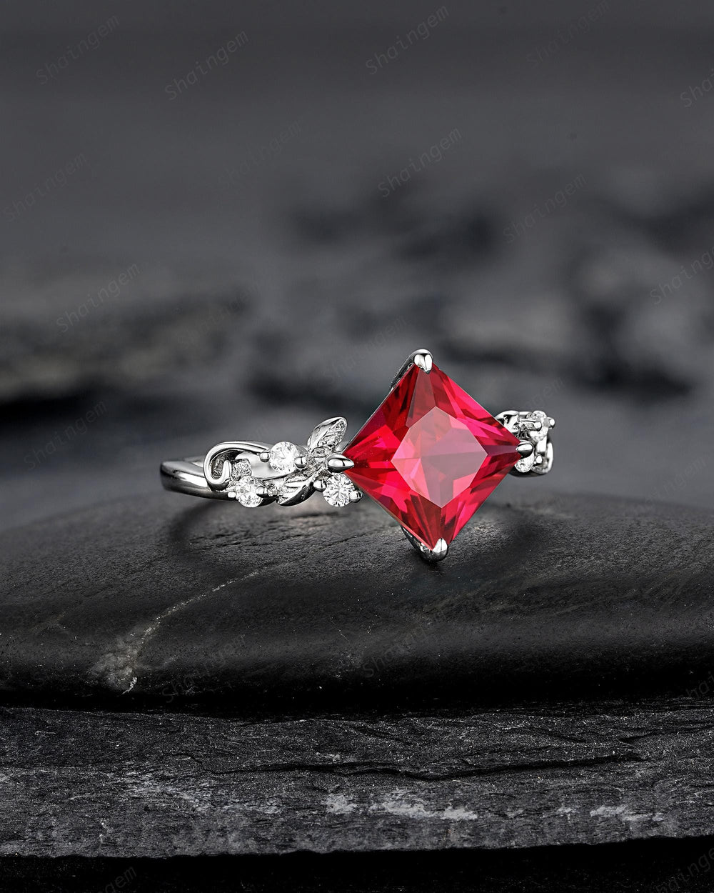 Platinum Princess Cut Ruby Leaf Engagement Ring, White Gold July Birthstone Wedding Promise Ring, Sterling Silver 925 Ring Gift for Woman - ShainJewelry