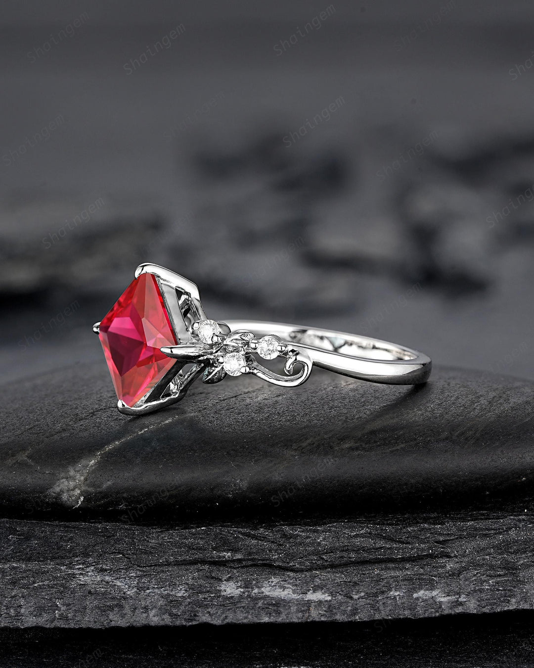 Platinum Princess Cut Ruby Leaf Engagement Ring, White Gold July Birthstone Wedding Promise Ring, Sterling Silver 925 Ring Gift for Woman - ShainJewelry