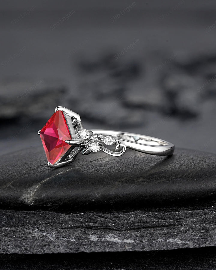Platinum Princess Cut Ruby Leaf Engagement Ring, White Gold July Birthstone Wedding Promise Ring, Sterling Silver 925 Ring Gift for Woman - ShainJewelry