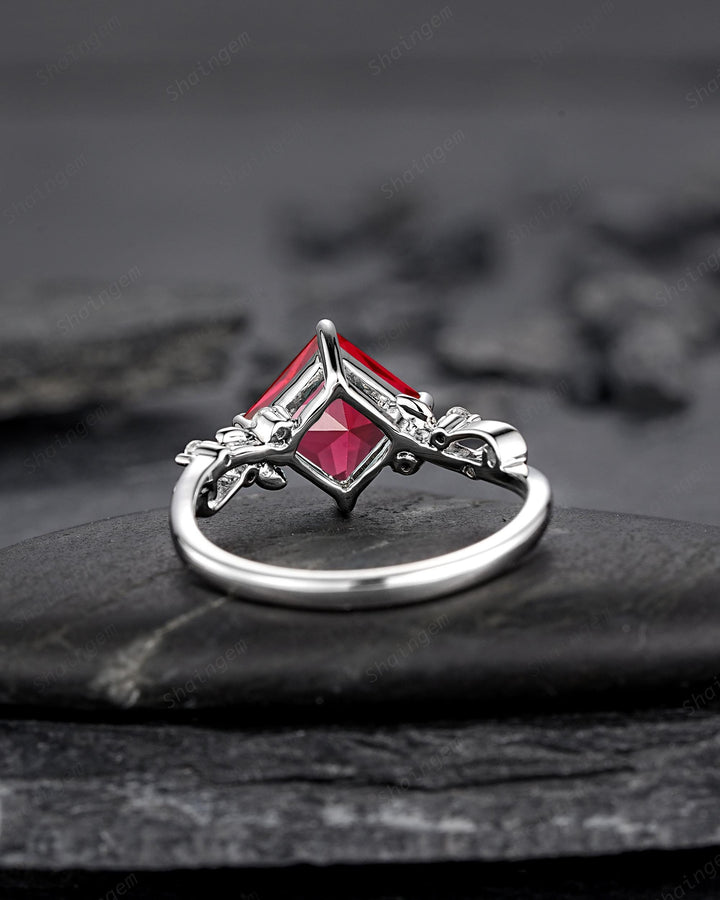 Platinum Princess Cut Ruby Leaf Engagement Ring, White Gold July Birthstone Wedding Promise Ring, Sterling Silver 925 Ring Gift for Woman - ShainJewelry