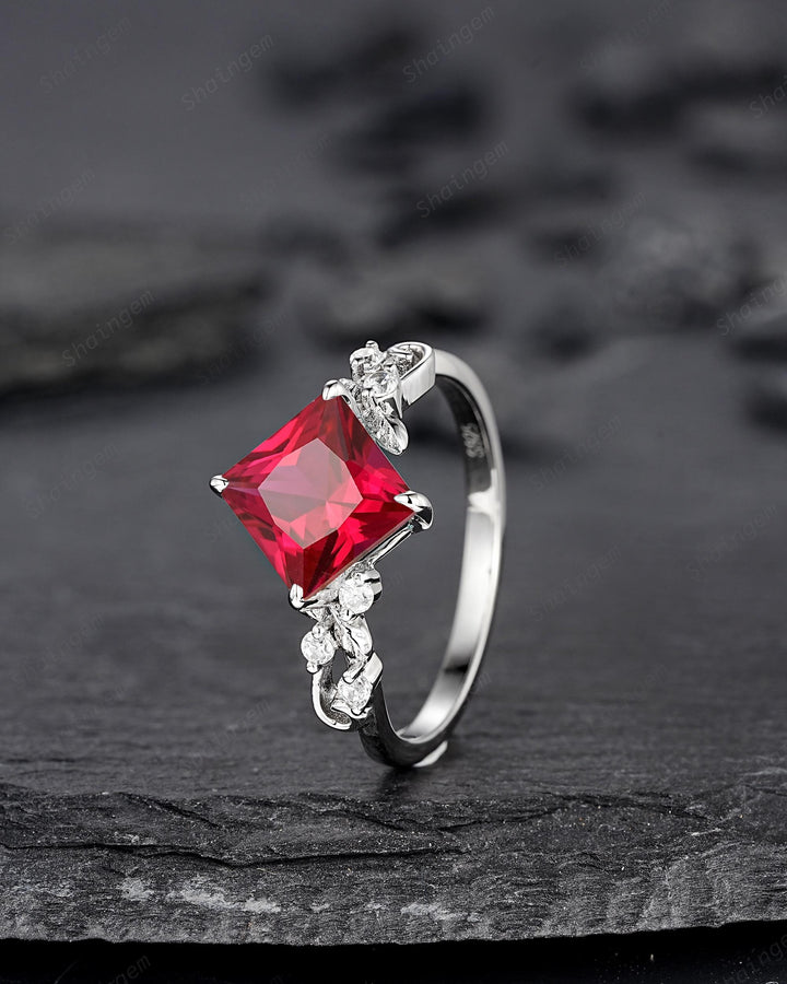 Platinum Princess Cut Ruby Leaf Engagement Ring, White Gold July Birthstone Wedding Promise Ring, Sterling Silver 925 Ring Gift for Woman - ShainJewelry