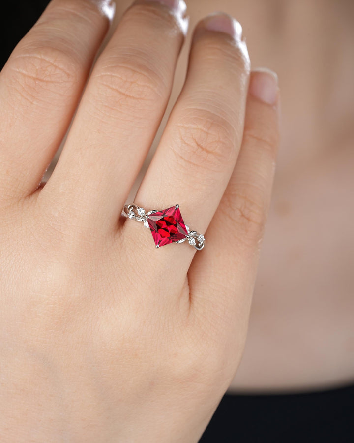Platinum Princess Cut Ruby Leaf Engagement Ring, White Gold July Birthstone Wedding Promise Ring, Sterling Silver 925 Ring Gift for Woman - ShainJewelry