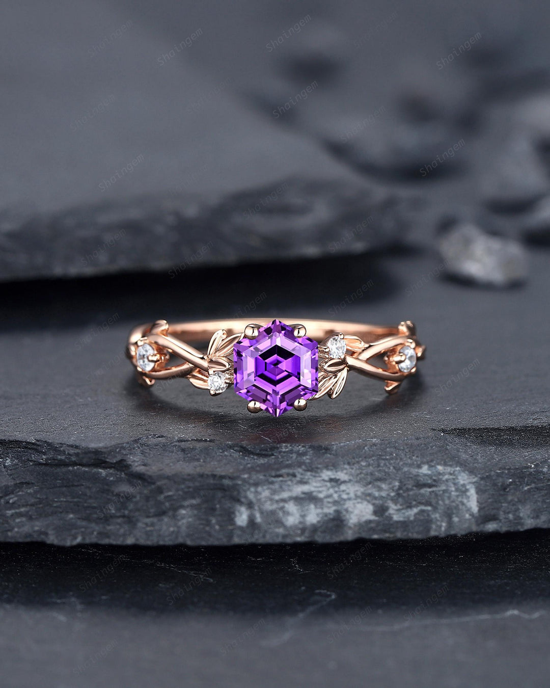 Vintage Hexagon Cut Purple Sapphire Leaf Engagement Ring Nature Inspired Dainty Twig Promise Ring Unique Rose Gold Wedding Ring for Women - ShainJewelry