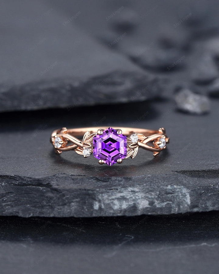 Vintage Hexagon Cut Purple Sapphire Leaf Engagement Ring Nature Inspired Dainty Twig Promise Ring Unique Rose Gold Wedding Ring for Women - ShainJewelry