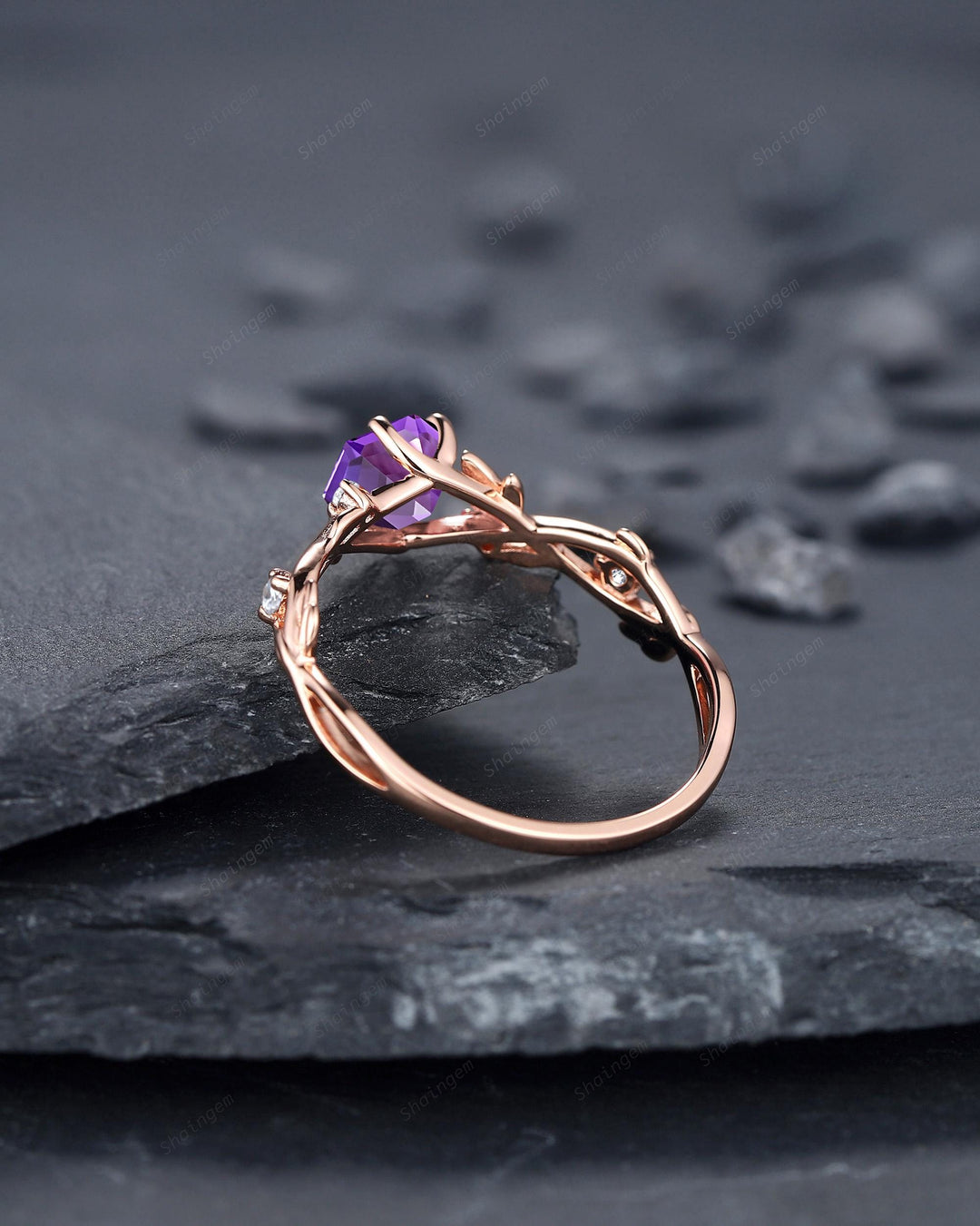 Vintage Hexagon Cut Purple Sapphire Leaf Engagement Ring Nature Inspired Dainty Twig Promise Ring Unique Rose Gold Wedding Ring for Women - ShainJewelry