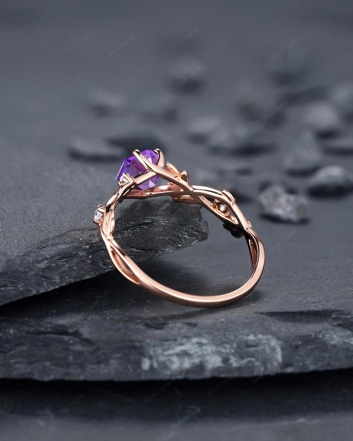 Vintage Hexagon Cut Purple Sapphire Leaf Engagement Ring Nature Inspired Dainty Twig Promise Ring Unique Rose Gold Wedding Ring for Women - ShainJewelry