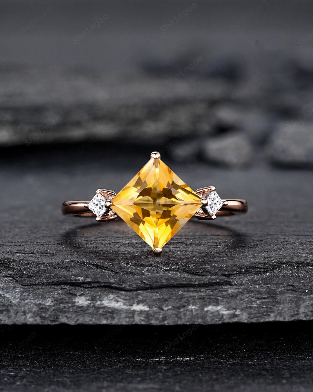 Vintage Princess Cut Natural Yellow Citrine Engagement Ring, Unique Rose Gold Three Stones Wedding Promise Ring Anniversary Gift for Women - ShainJewelry