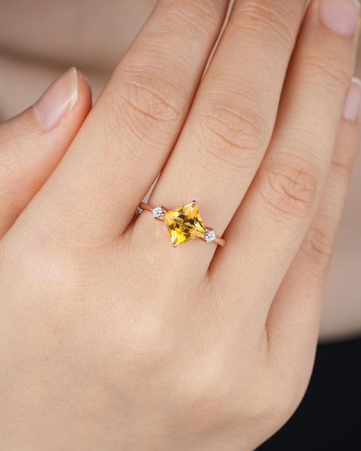 Vintage Princess Cut Natural Yellow Citrine Engagement Ring, Unique Rose Gold Three Stones Wedding Promise Ring Anniversary Gift for Women - ShainJewelry