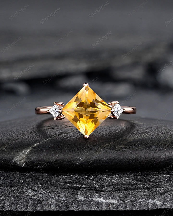 Vintage Princess Cut Natural Yellow Citrine Engagement Ring, Unique Rose Gold Three Stones Wedding Promise Ring Anniversary Gift for Women - ShainJewelry