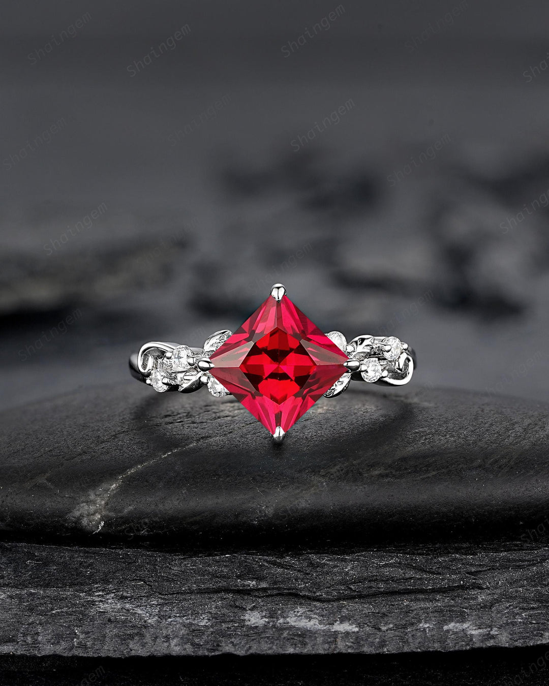 Platinum Princess Cut Ruby Leaf Engagement Ring, White Gold July Birthstone Wedding Promise Ring, Sterling Silver 925 Ring Gift for Woman - ShainJewelry