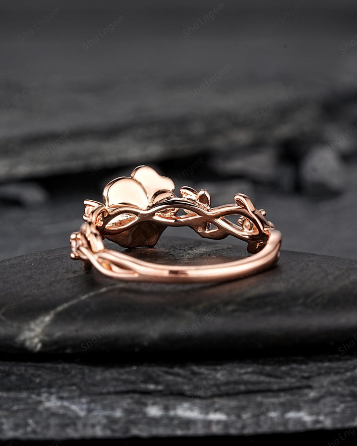 Unique Rose June Birth Flower Engagement Ring, Nature Inspired Leaf Promise Wedding Ring Rose Gold Twig Branch Vine Anniversary Gift for Her - ShainJewelry