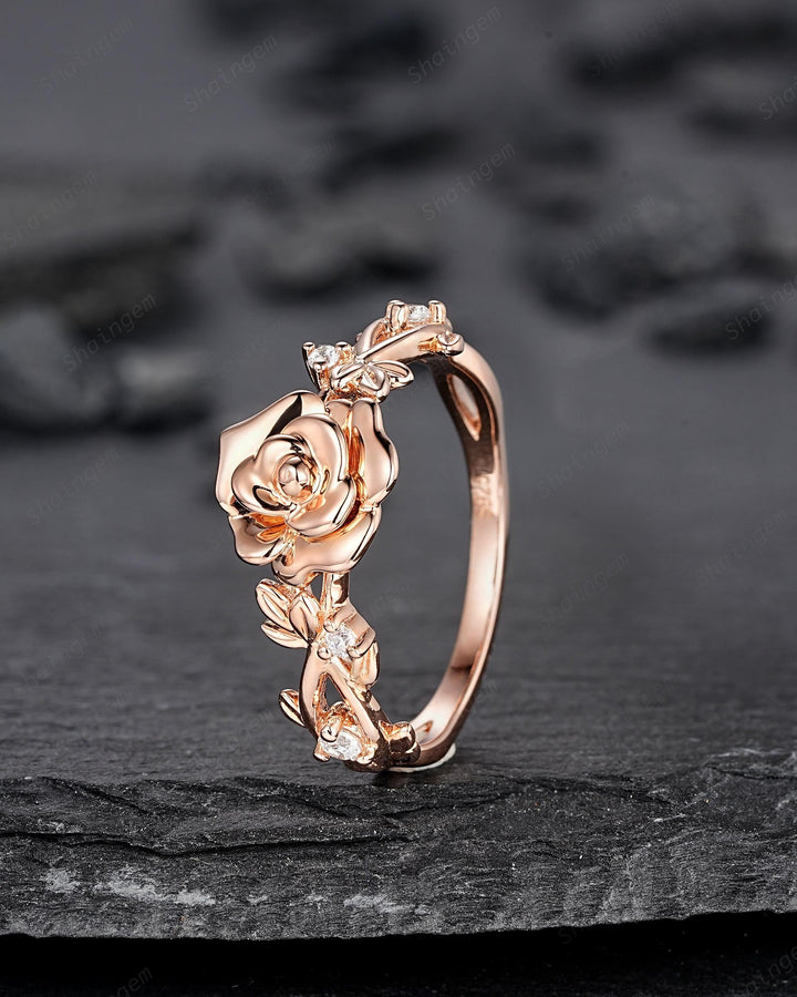 Unique Rose June Birth Flower Engagement Ring, Nature Inspired Leaf Promise Wedding Ring Rose Gold Twig Branch Vine Anniversary Gift for Her - ShainJewelry