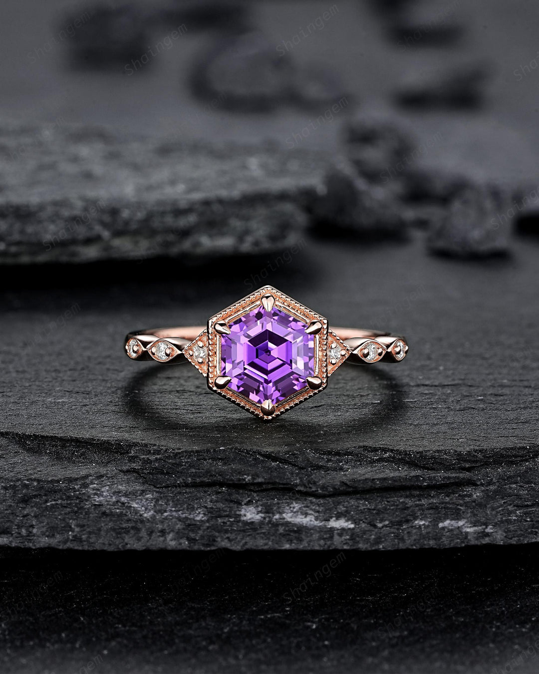 Vintage Hexagon Cut Purple Sapphire Full Milgrain Engagement Ring, Unique Half Eternity Promise Ring Rose Gold Wedding Ring for Women Her - ShainJewelry