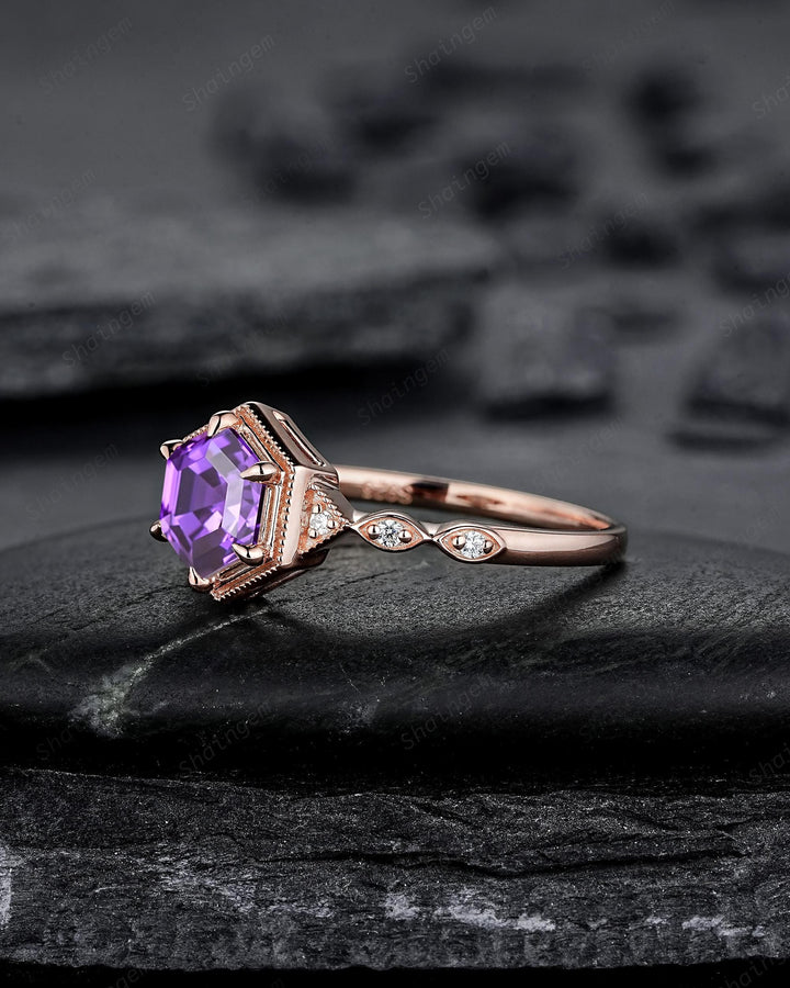 Vintage Hexagon Cut Purple Sapphire Full Milgrain Engagement Ring, Unique Half Eternity Promise Ring Rose Gold Wedding Ring for Women Her - ShainJewelry