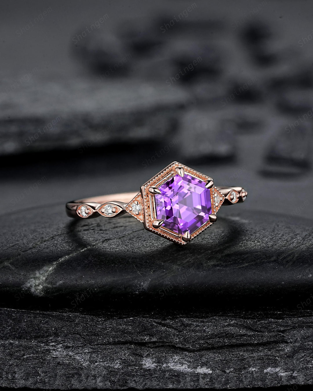 Vintage Hexagon Cut Purple Sapphire Full Milgrain Engagement Ring, Unique Half Eternity Promise Ring Rose Gold Wedding Ring for Women Her - ShainJewelry