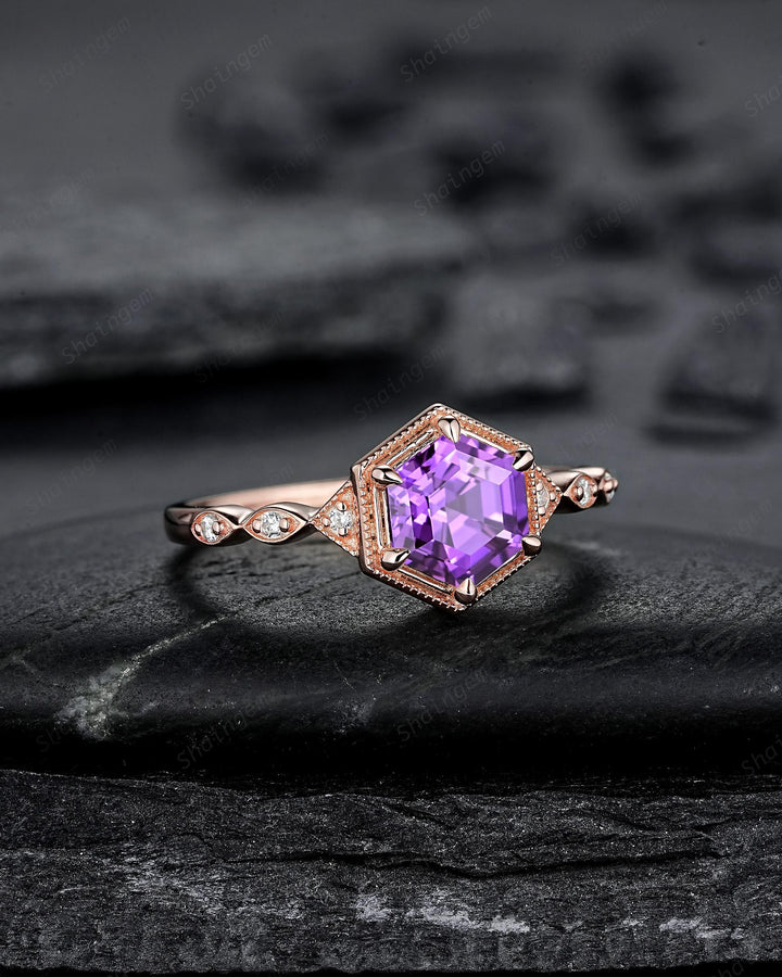 Vintage Hexagon Cut Purple Sapphire Full Milgrain Engagement Ring, Unique Half Eternity Promise Ring Rose Gold Wedding Ring for Women Her - ShainJewelry