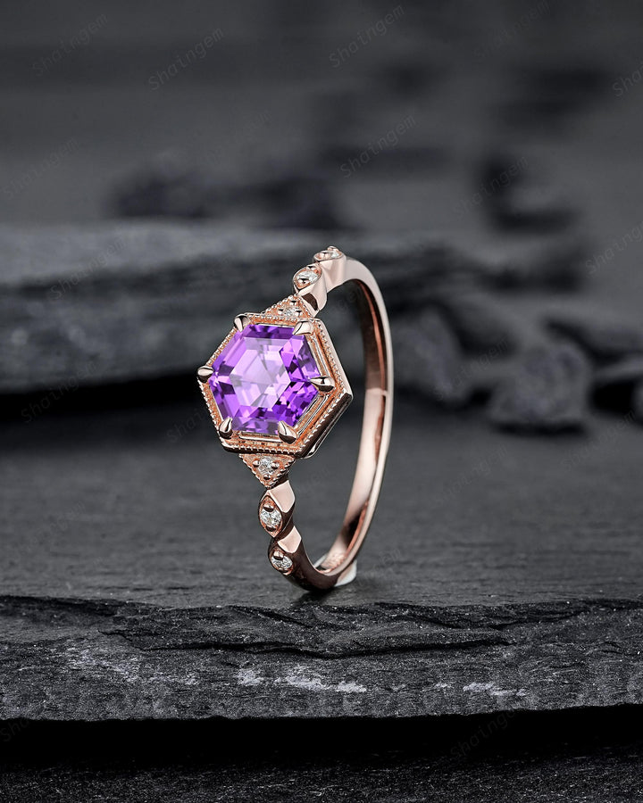 Vintage Hexagon Cut Purple Sapphire Full Milgrain Engagement Ring, Unique Half Eternity Promise Ring Rose Gold Wedding Ring for Women Her - ShainJewelry