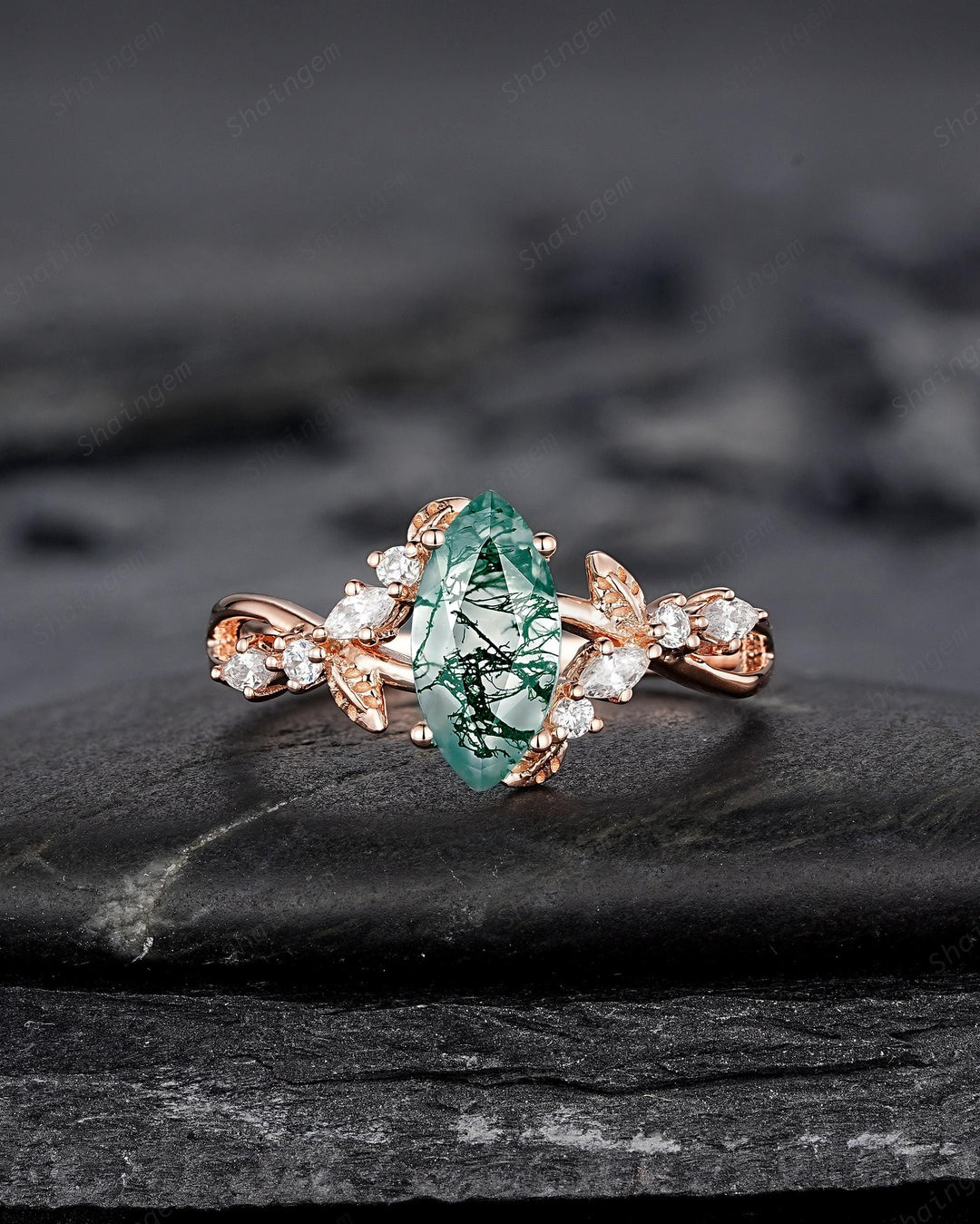 Unique Marquise Cut Moss Agate Engagement Ring, Nature Inspired Leaf Diamond Wedding Ring Vintage Rose Gold Twig Promise Ring Gift for Women