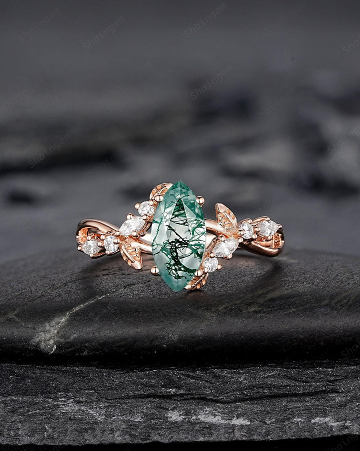 Unique Marquise Cut Moss Agate Engagement Ring, Nature Inspired Leaf Diamond Wedding Ring Vintage Rose Gold Twig Promise Ring Gift for Women