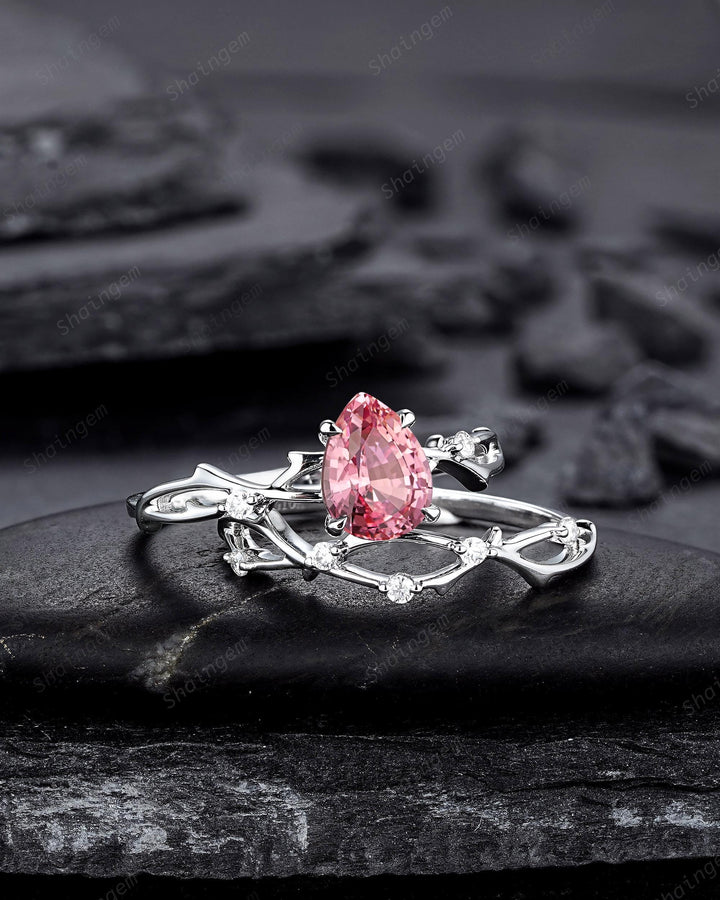 Vintage White Gold Pear Shape Pink Sapphire Engagement Ring Set, Platinum Twig Branch Wedding Promise Ring Anniversary Gift for Mom Women - ShainJewelry