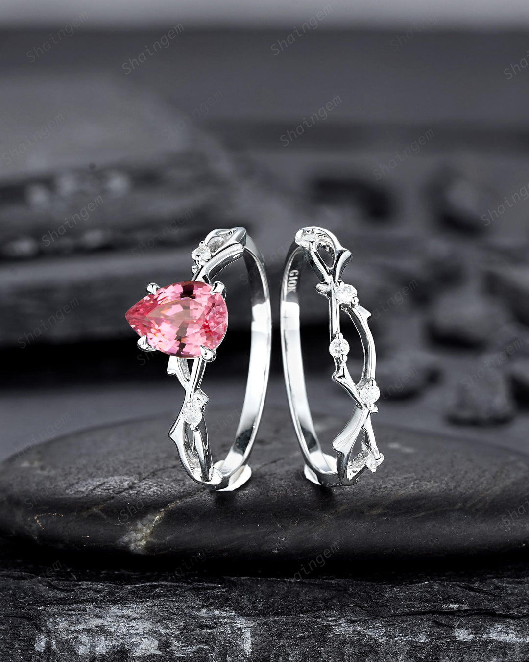 Vintage White Gold Pear Shape Pink Sapphire Engagement Ring Set, Platinum Twig Branch Wedding Promise Ring Anniversary Gift for Mom Women - ShainJewelry