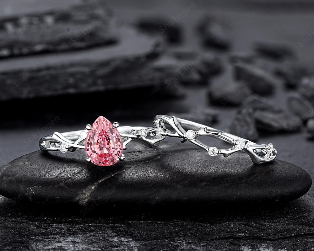 Vintage White Gold Pear Shape Pink Sapphire Engagement Ring Set, Platinum Twig Branch Wedding Promise Ring Anniversary Gift for Mom Women - ShainJewelry
