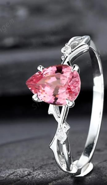 Vintage White Gold Pear Shape Pink Sapphire Engagement Ring Set, Platinum Twig Branch Wedding Promise Ring Anniversary Gift for Mom Women - ShainJewelry