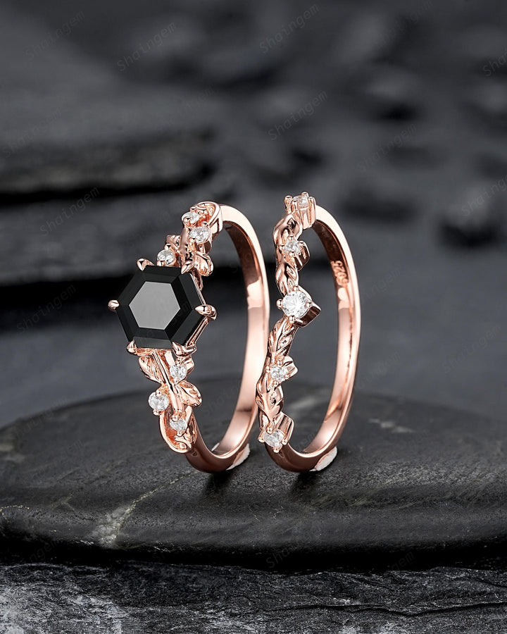 Nature Inspired Hexagon Cut Natural Black Onyx Leaf Engagement Ring, Twig Branch Rose Gold Black Stone Vine Wedding Promise Ring for Women - ShainJewelry