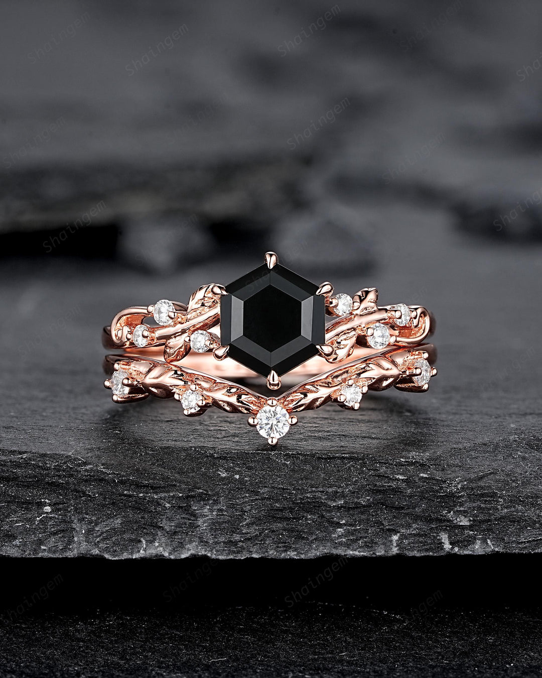 Nature Inspired Hexagon Cut Natural Black Onyx Leaf Engagement Ring, Twig Branch Rose Gold Black Stone Vine Wedding Promise Ring for Women - ShainJewelry
