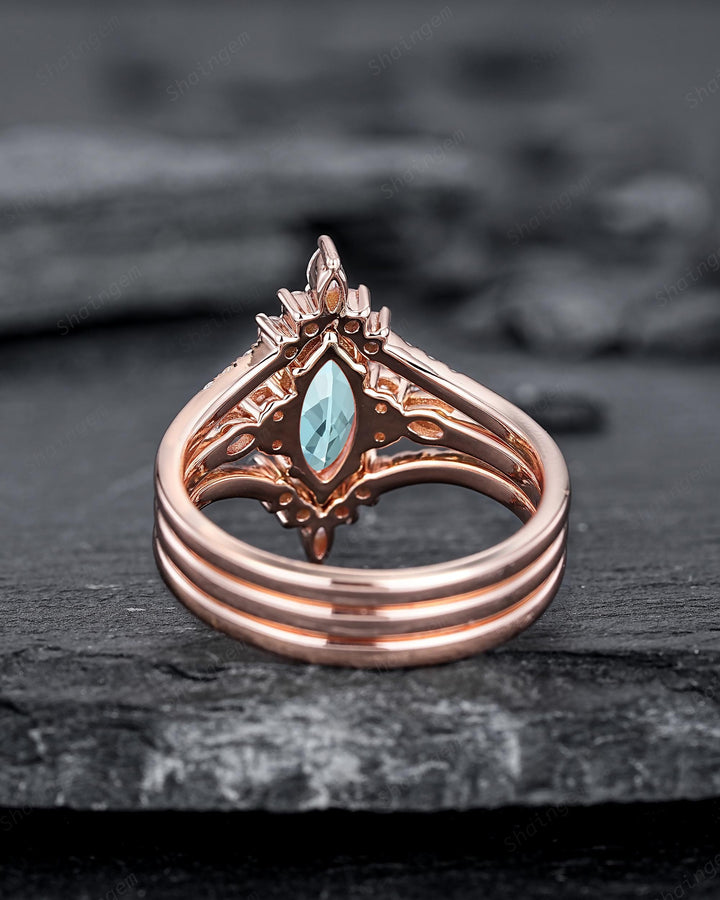 3PCS Vintage Marquise Cut Paraiba Blue Tourmaline Engagement Ring Set, V Shape Rose Gold Neon Blue Stone Promise Wedding Ring Gift for Women - ShainJewelry