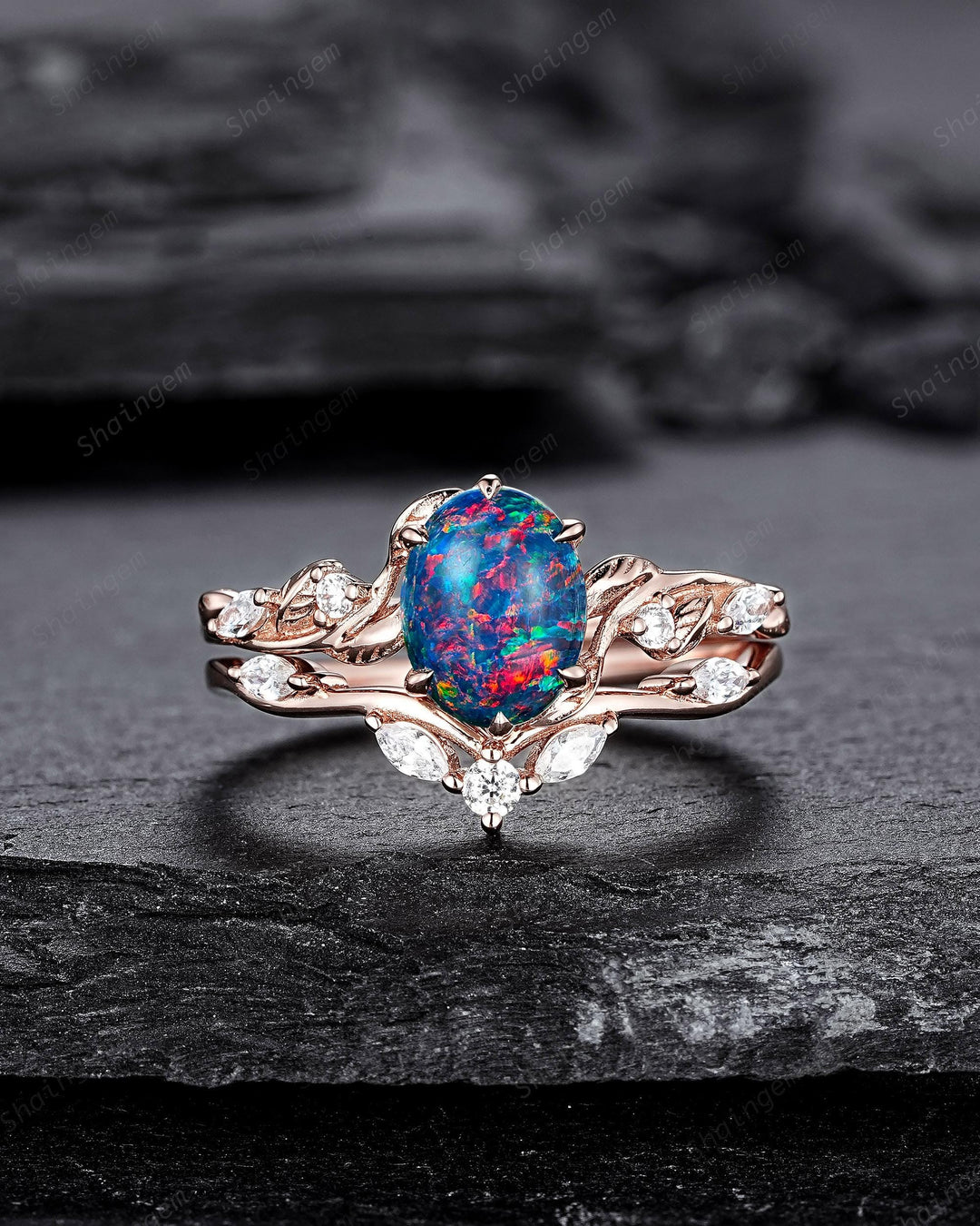 Nature Inspired Oval Shape Black Fire Opal and Diamond Engagement Ring Set, Unique Twig Vine Rose Gold Promise Anniversary Ring for Women - ShainJewelry