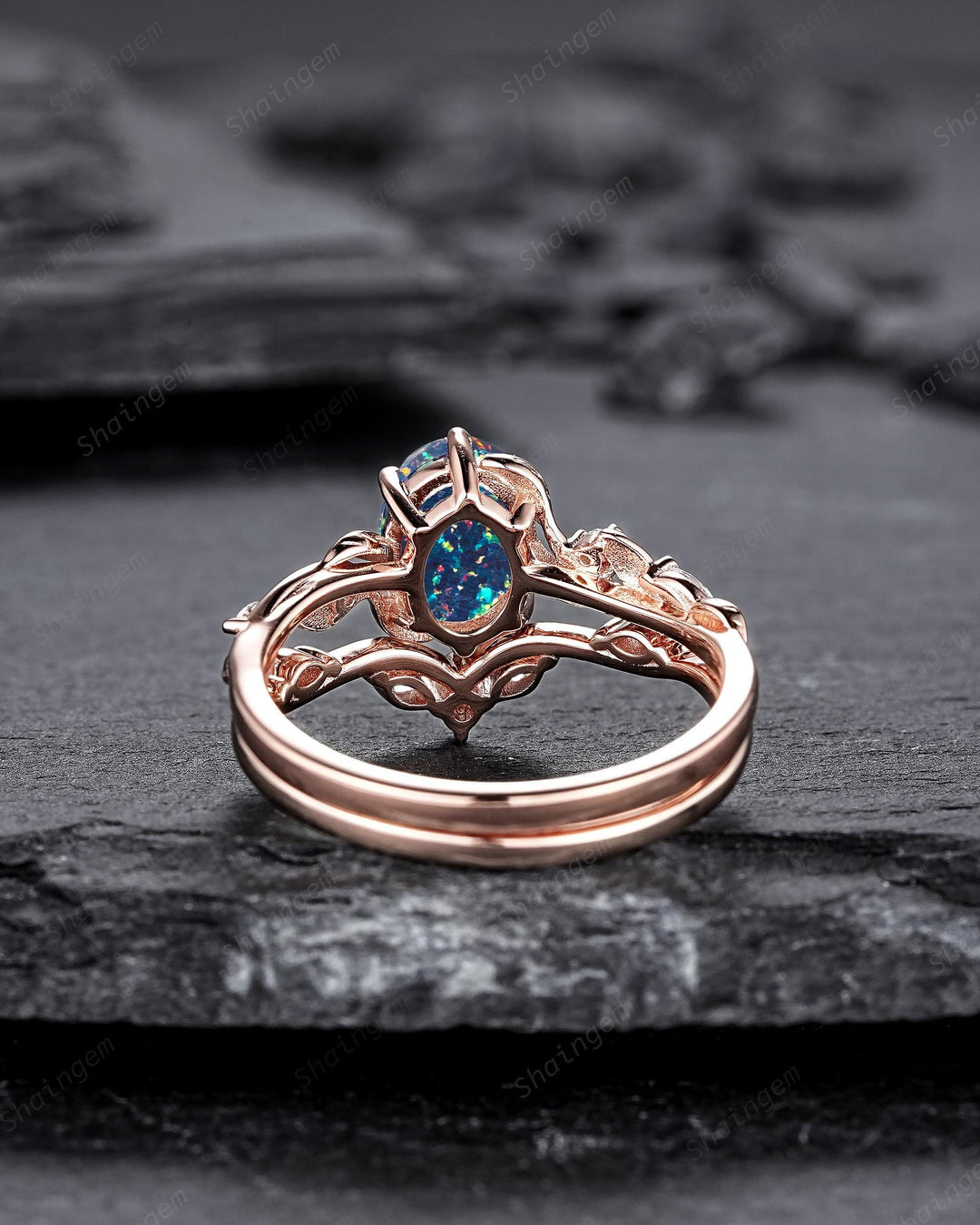 Nature Inspired Oval Shape Black Fire Opal and Diamond Engagement Ring Set, Unique Twig Vine Rose Gold Promise Anniversary Ring for Women - ShainJewelry