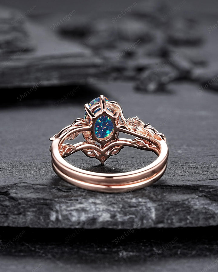 Nature Inspired Oval Shape Black Fire Opal and Diamond Engagement Ring Set, Unique Twig Vine Rose Gold Promise Anniversary Ring for Women - ShainJewelry