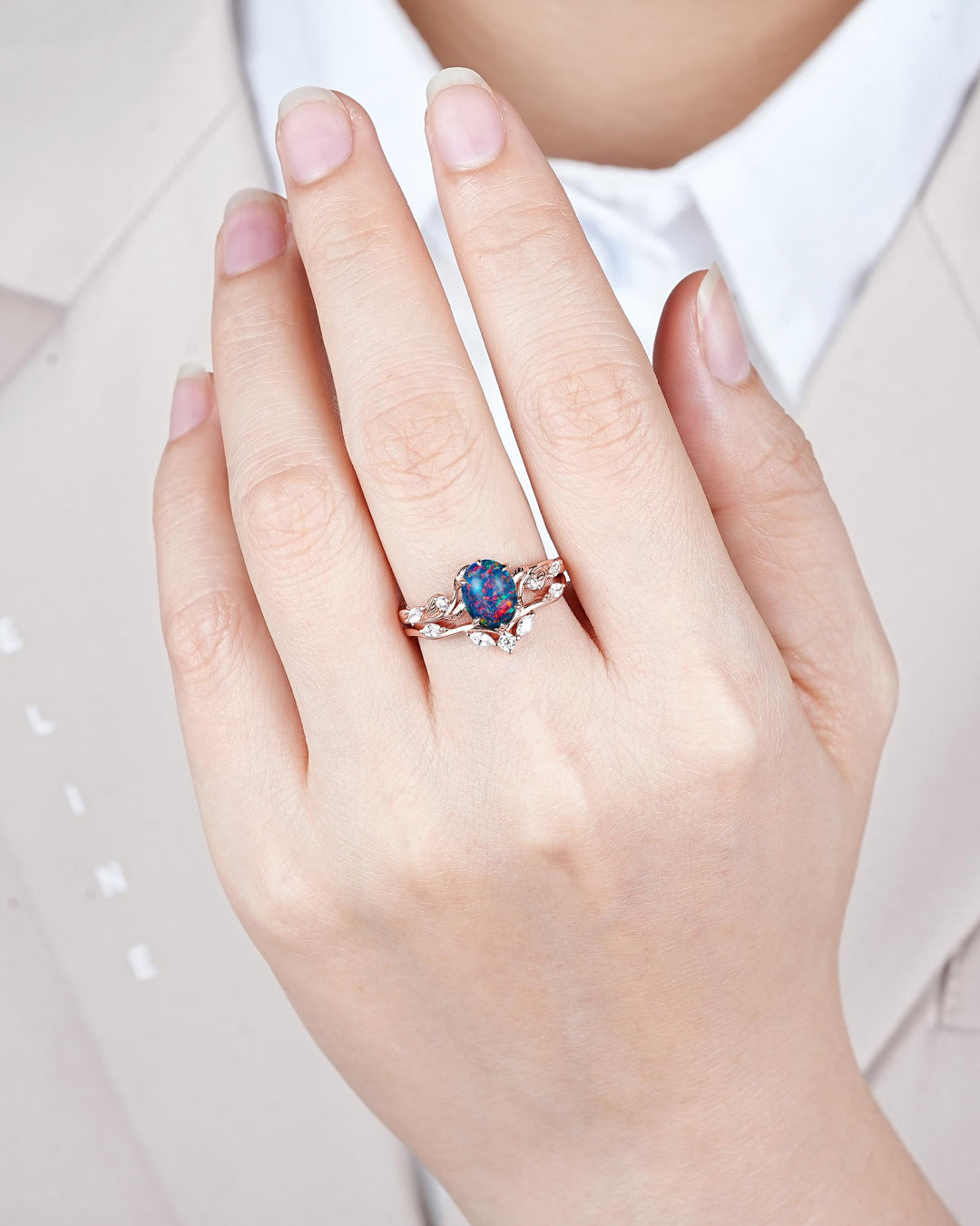 Nature Inspired Oval Shape Black Fire Opal and Diamond Engagement Ring Set, Unique Twig Vine Rose Gold Promise Anniversary Ring for Women - ShainJewelry