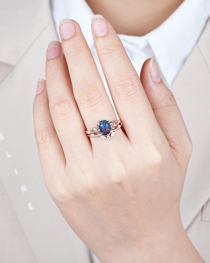 Nature Inspired Oval Shape Black Fire Opal and Diamond Engagement Ring Set, Unique Twig Vine Rose Gold Promise Anniversary Ring for Women - ShainJewelry