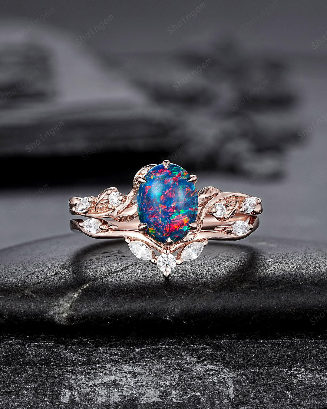 Nature Inspired Oval Shape Black Fire Opal and Diamond Engagement Ring Set, Unique Twig Vine Rose Gold Promise Anniversary Ring for Women - ShainJewelry