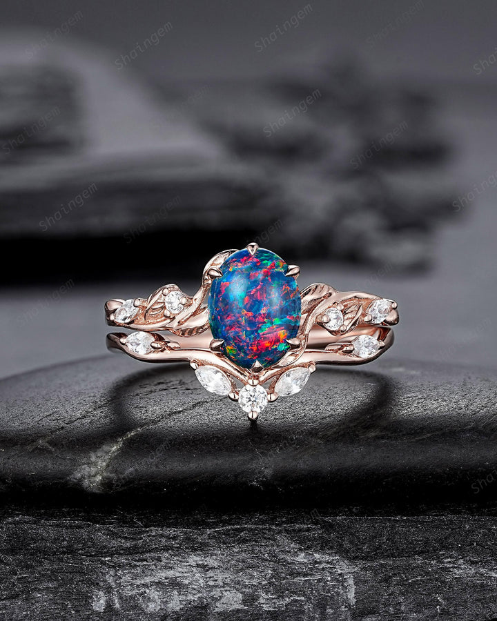 Nature Inspired Oval Shape Black Fire Opal and Diamond Engagement Ring Set, Unique Twig Vine Rose Gold Promise Anniversary Ring for Women - ShainJewelry