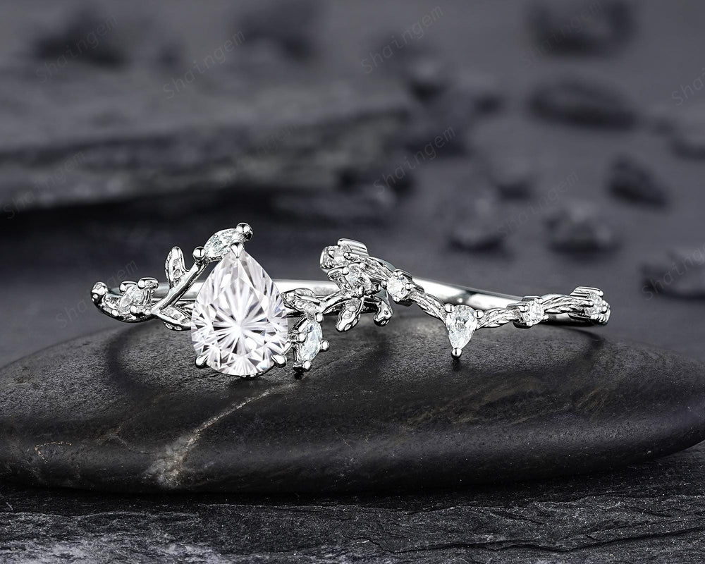 Vintage Pear Shape Fireworks Cut Moissanite Leaf Engagement Ring Unique White Gold Twig Branch Vine Wedding Set Nature Inspired Promise Ring - ShainJewelry
