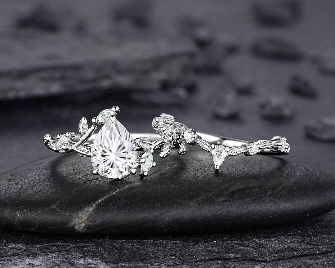 Vintage Pear Shape Fireworks Cut Moissanite Leaf Engagement Ring Unique White Gold Twig Branch Vine Wedding Set Nature Inspired Promise Ring - ShainJewelry