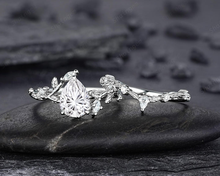 Vintage Pear Shape Fireworks Cut Moissanite Leaf Engagement Ring Unique White Gold Twig Branch Vine Wedding Set Nature Inspired Promise Ring - ShainJewelry